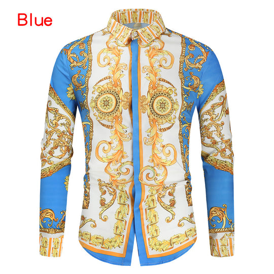 Herren nan barockes Langarm-Hemd mit ornamentalem Druck, Kentkragen und tailliertem Schnitt EB