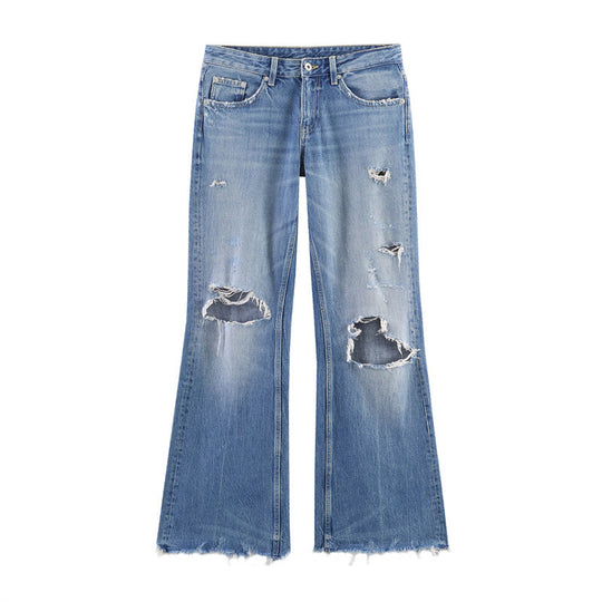 Damen Flared Jeans im Used-Look mit Fransen und Destroyed-Details EB