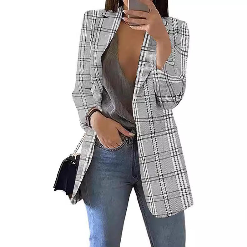 Damen nan taillierter Karoblazer Longline mit strukturierter Schulterpartie und offener Front EB