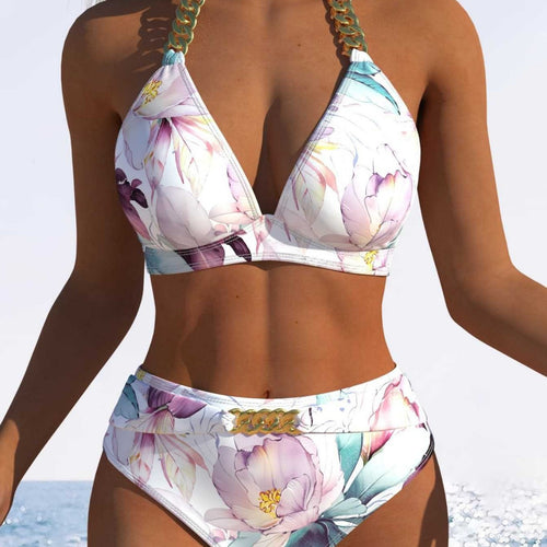 Damen Bikini-Set mit hohem Taillenschnitt und elegantem Blumendruck EB