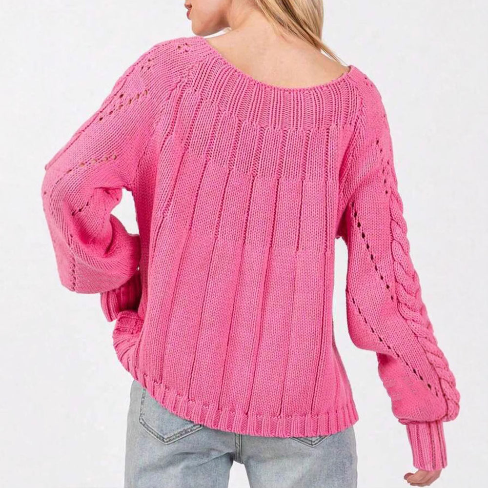 Damen Grobstrickpullover mit voluminösen Ärmeln und feinem Lochmuster EB