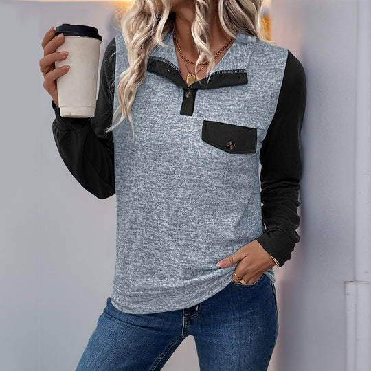 Damen modischer Langarm-Pullover mit praktischer Brusttasche und Knopfleiste EB
