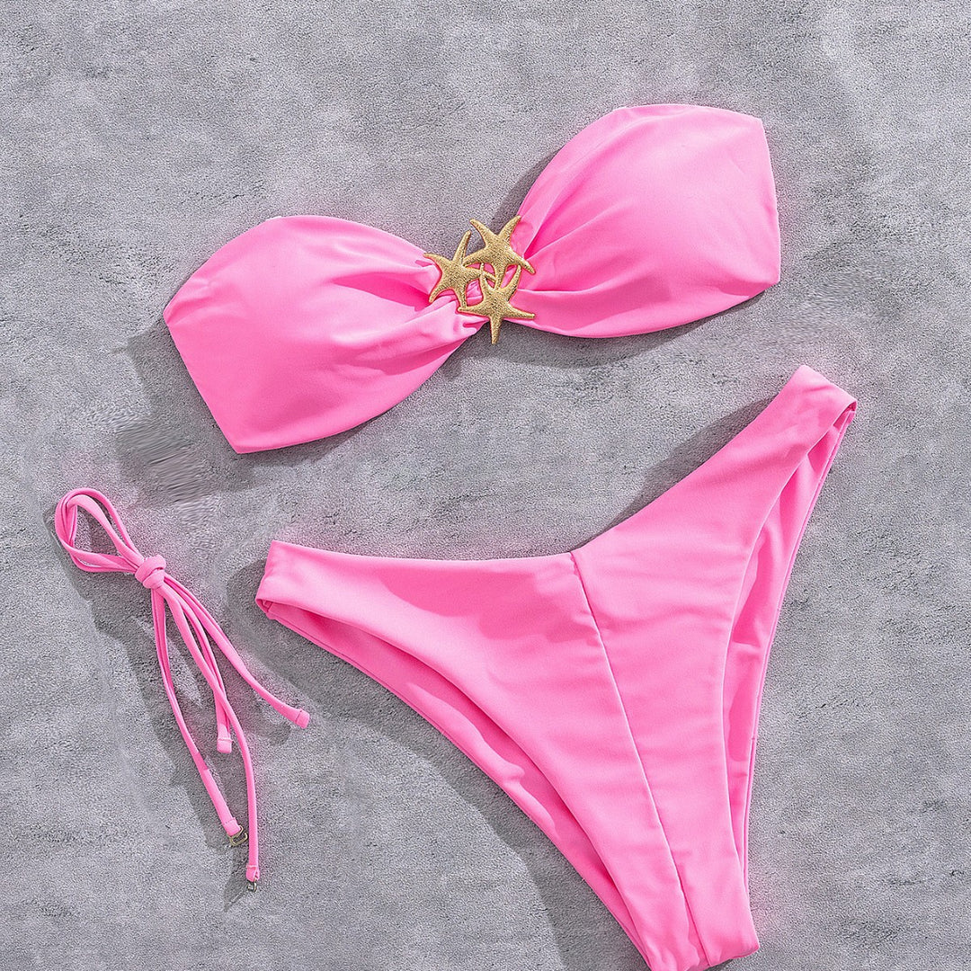Damen Bandeau-Bikini mit goldfarbenem Sternenmotiv EB