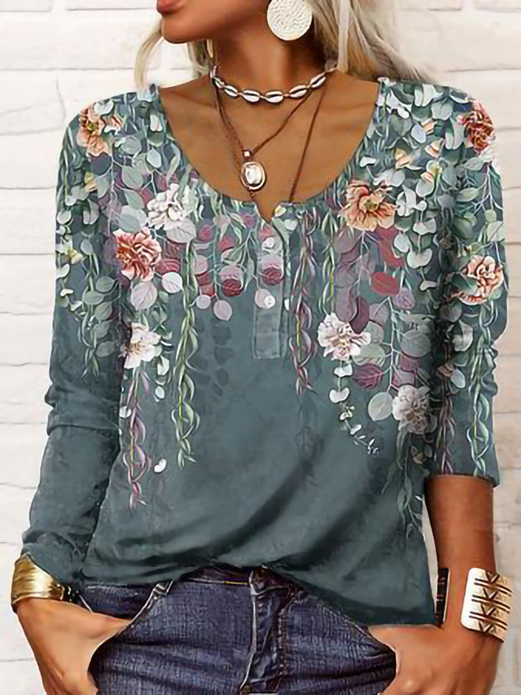 Damen Boho-Tunika mit floralen Hängeranken, V-Ausschnitt und dreiviertelärmeln EB