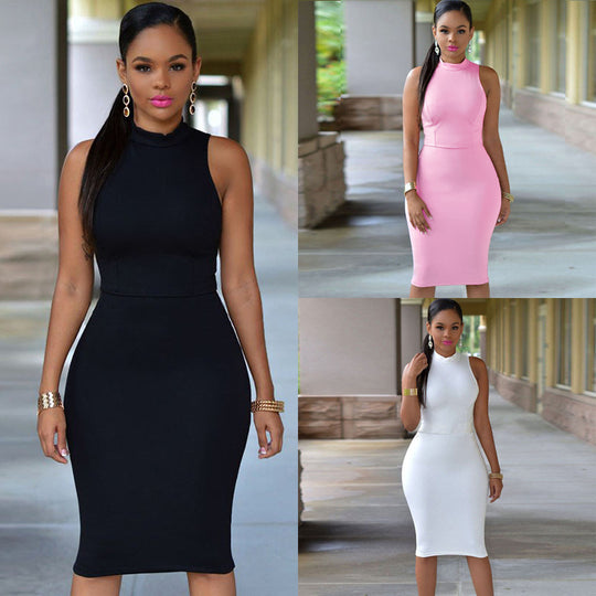 Damen figurbetontes Midi-Kleid mit hohem Kragen EB