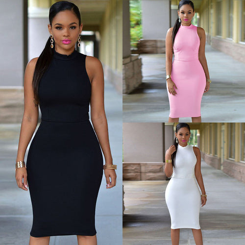Damen figurbetontes Midi-Kleid mit hohem Kragen EB