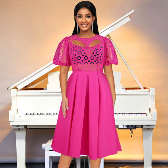 Damen Elegantes A-Linien Kleid mit Cut-Out-Details und Puffärmeln EB