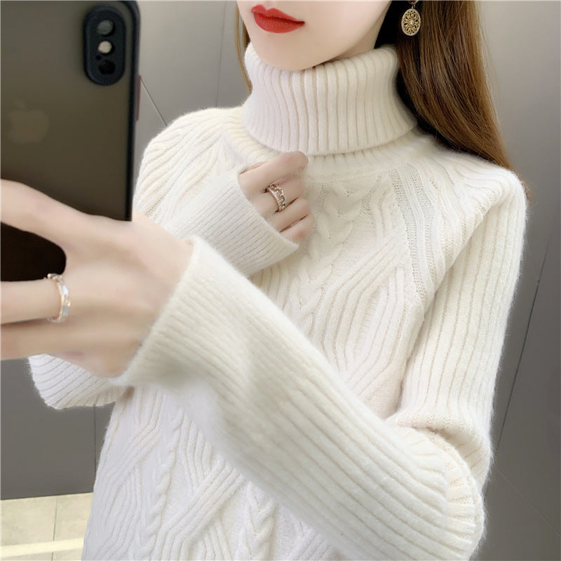 Damen Strickpullover mit hohem Kragen und feinem Zopfmuster EB
