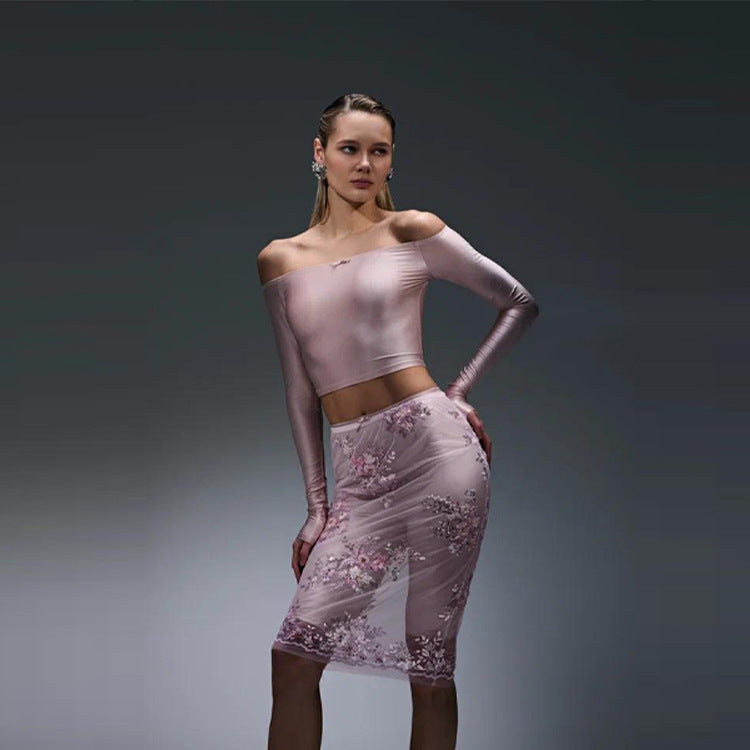 Damen elegantes Oberteil mit floraler Spitzenbordüre und Schößchen-Design EB