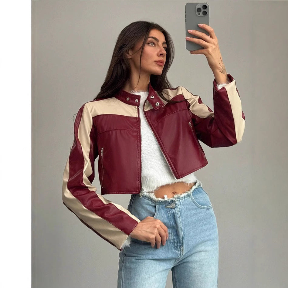 Damen cropped Kunstlederjacke mit kontrastierenden Einsätzen EB