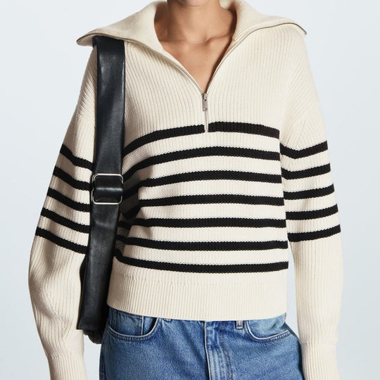 Damen Gestreifter Half‑Zip Strickpullover mit Matrosenkragen und überschnittener Schulter EB
