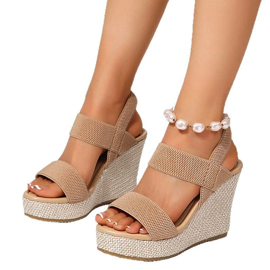 Damen nan Keilabsatz-Sandalen mit elastischen Textilriemen und geflochtenem Bast-Plateau EB