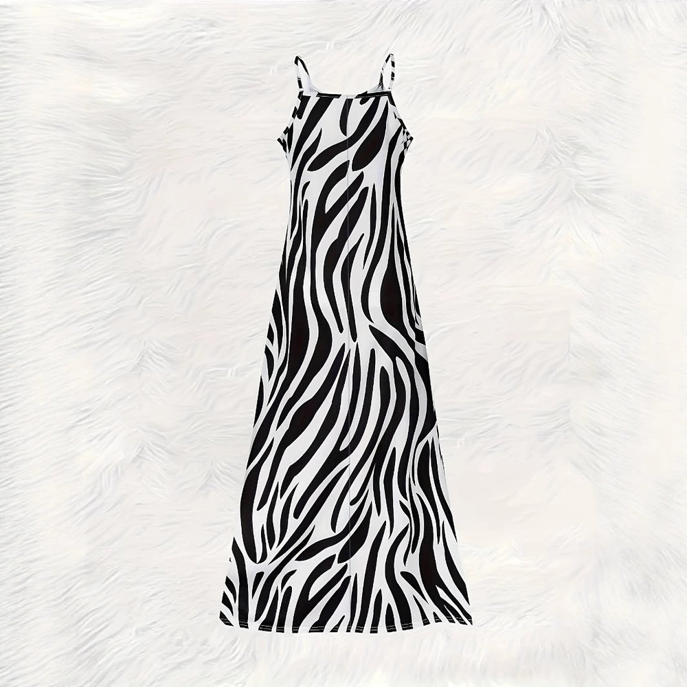 Damen Maxikleid im modernen Zebra-Design mit schmalen Trägern und fließender Silhouette EB