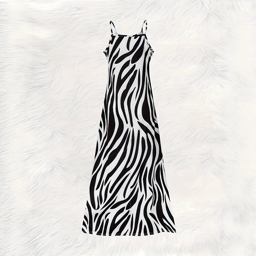 Damen Maxikleid im modernen Zebra-Design mit schmalen Trägern und fließender Silhouette EB