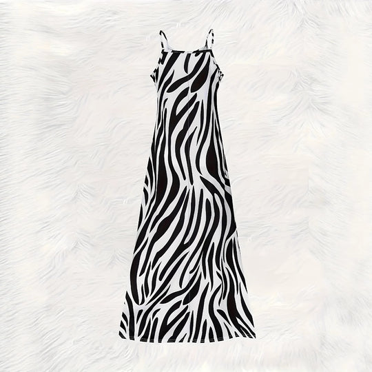 Damen Maxikleid im modernen Zebra-Design mit schmalen Trägern und fließender Silhouette EB