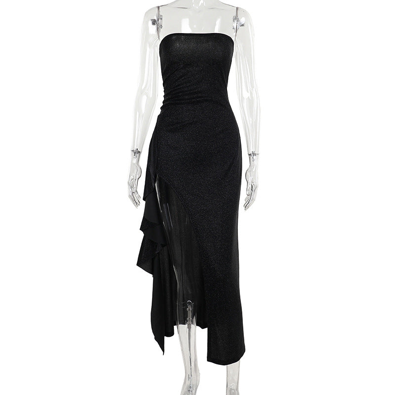Damen elegantes schulterfreies Abendkleid mit asymmetrischem Volant EB