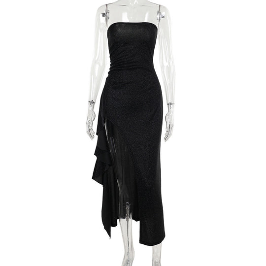 Damen elegantes schulterfreies Abendkleid mit asymmetrischem Volant EB