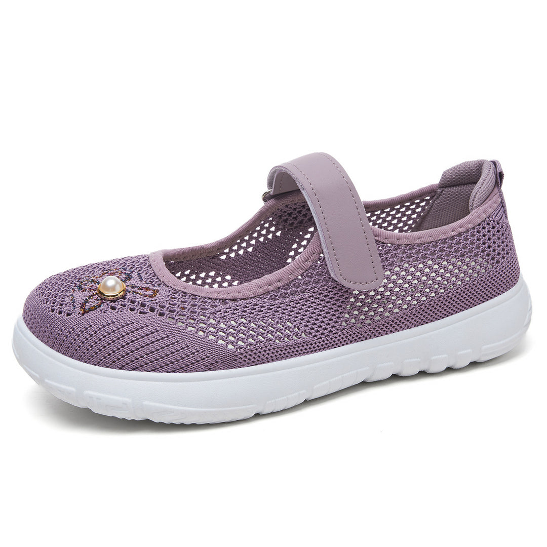 Damen nan gestrickter Mary-Jane-Sneaker mit Klettriemen, atmungsaktivem Strickoberteil, dekorativer Perlenapplikation und dämpfender EVA-Sohle EB