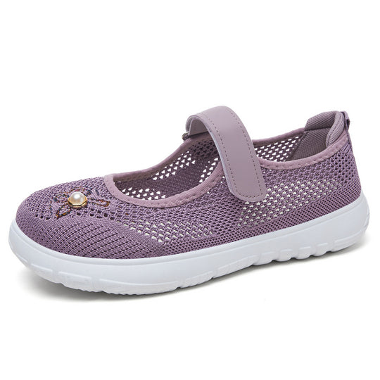 Damen nan gestrickter Mary-Jane-Sneaker mit Klettriemen, atmungsaktivem Strickoberteil, dekorativer Perlenapplikation und dämpfender EVA-Sohle EB