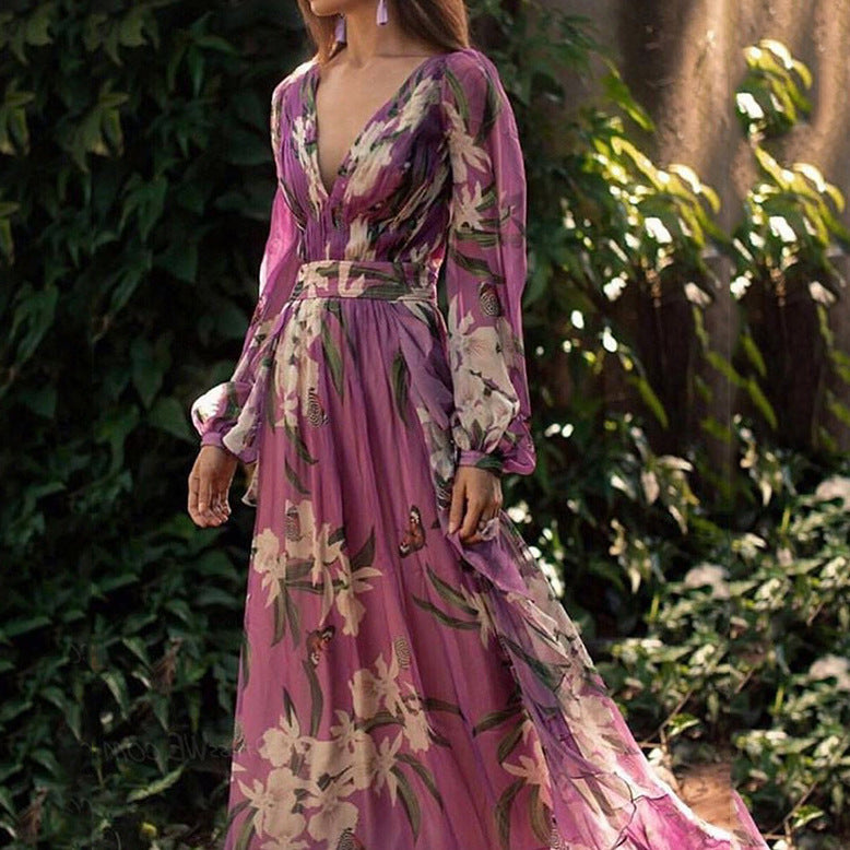 Damen Maxi-Kleid mit floralem Chiffon und elegantem Volant EB