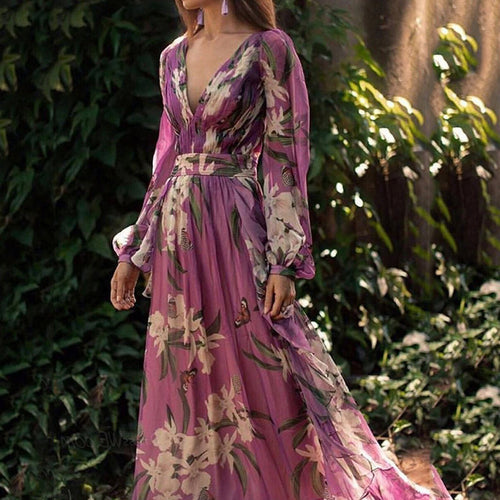 Damen Maxi-Kleid mit floralem Chiffon und elegantem Volant EB