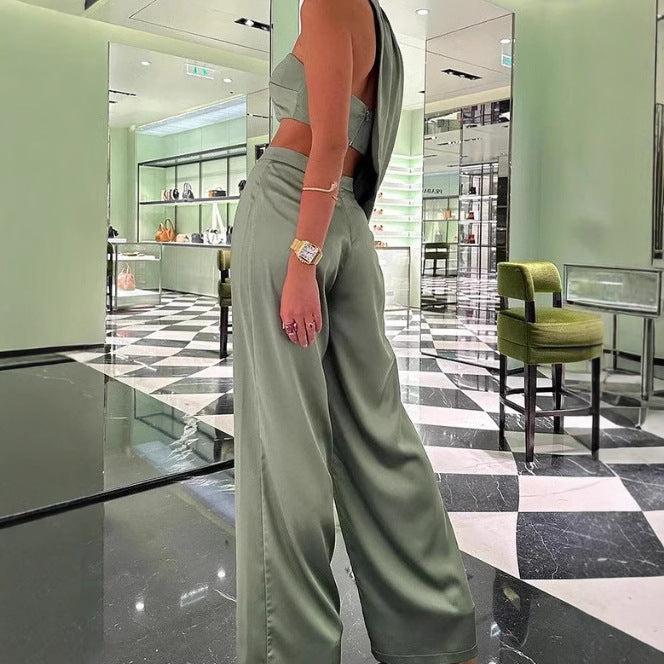 Damen Elegantes Zweiteiliges Set mit asymmetrischem Oberteil und weit geschnittener Hose EB
