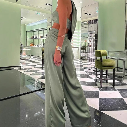 Damen Elegantes Zweiteiliges Set mit asymmetrischem Oberteil und weit geschnittener Hose EB