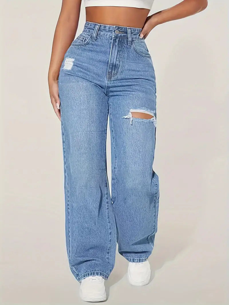 Damen weite Jeans mit modischen Rissdetails und hohem Bund EB