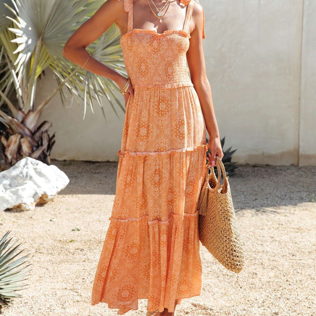 Damen Boho Maxikleid mit schulterfreien Trägern und voluminösem Rock EB