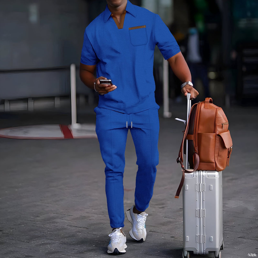 Herren nan lässiges Freizeitset aus elastischem Jersey mit V-Ausschnitt Brusttasche und Kordelbund EB