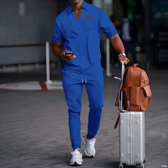 Herren nan lässiges Freizeitset aus elastischem Jersey mit V-Ausschnitt Brusttasche und Kordelbund EB