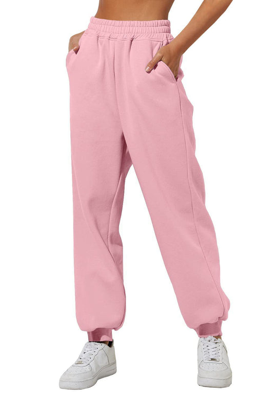 Damen nan lockere High‑Waist Jogginghose mit doppellagigem Komfortbund, seitlichen Eingrifftaschen und gerafften Knöchelbündchen EB