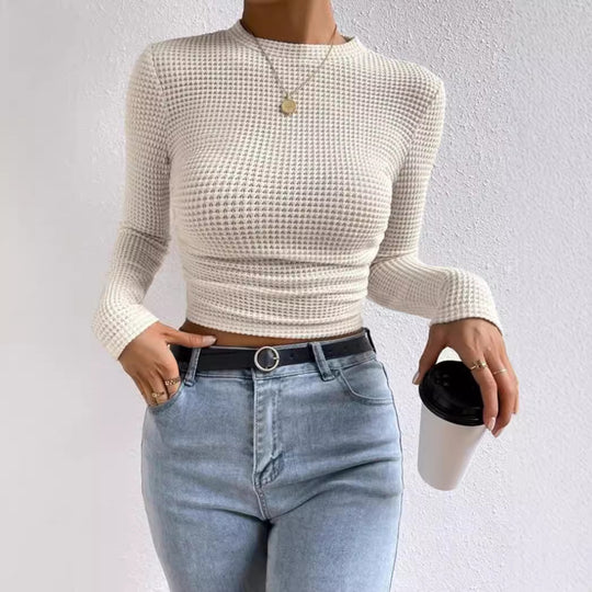 Damen modisches langärmliges Crop-Top mit Waffelstruktur EB