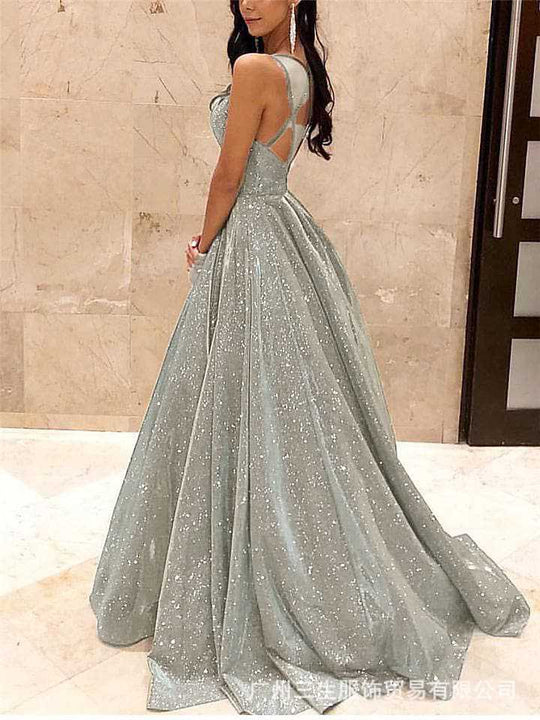 EB | Damen Spaghettiträger V-Ausschnitt A-Linie Glitzer Maxikleid
