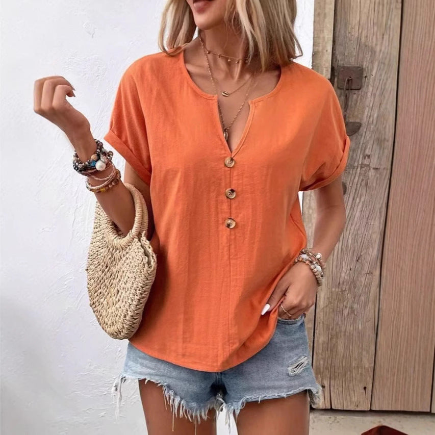 Damen Kurzarm Bluse mit Knopfleiste und lässigem Schnitt EB