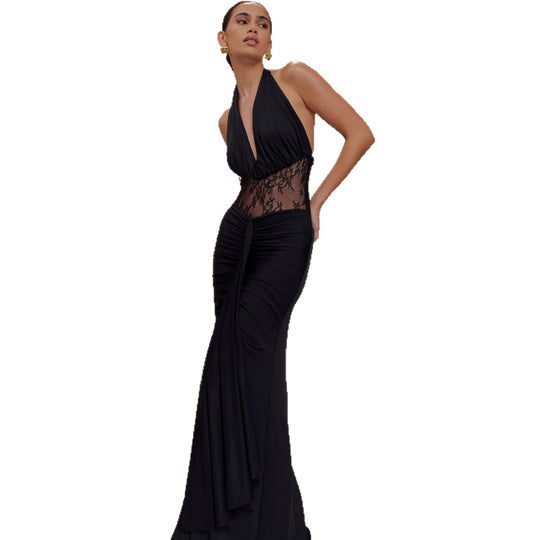 Damen Elegantes Maxikleid mit raffiniertem Spitzenbesatz und Drapierungen EB