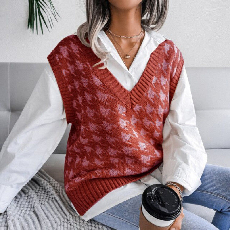 Damen Strickweste mit modernem Hahnentrittmuster EB
