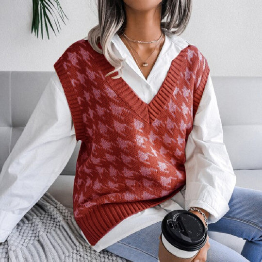 Damen Strickweste mit modernem Hahnentrittmuster EB