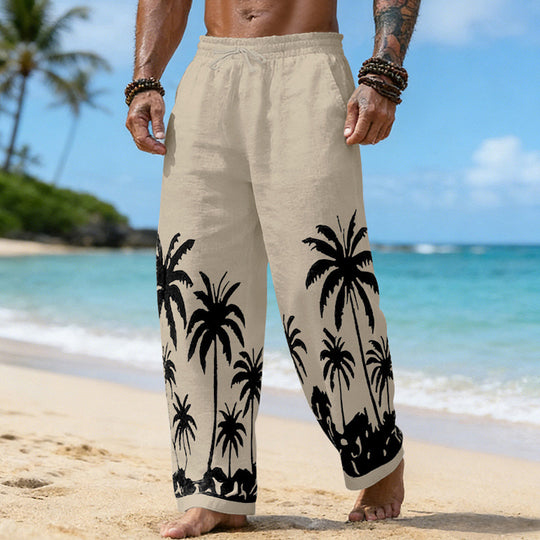 Herren Lässige weite Leinenhose mit elastischem Bund und tonalem Palmenprint EB