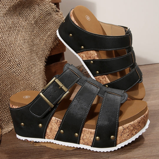 Damen modische Keil-Sandalen mit verstellbaren Riemen und korkähnlicher Sohle EB