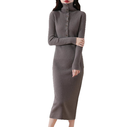 Damen Strickkleid mit Stehkragen und dekorativen Knöpfen EB