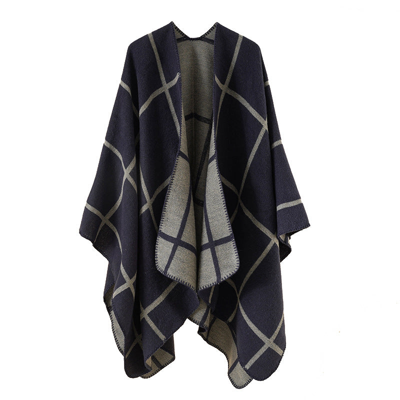 Damen Offener Wollmix-Poncho im Cape‑Stil mit dezentem Karomuster EB