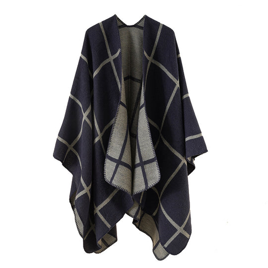 Damen Offener Wollmix-Poncho im Cape‑Stil mit dezentem Karomuster EB