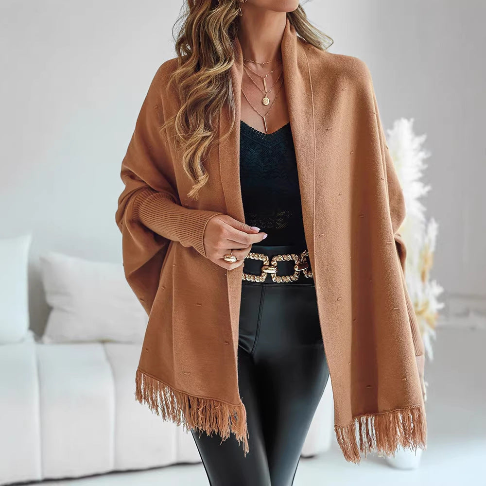 Damen Fransen‑Poncho‑Cardigan mit dekorativem Taillengürtel und Rippbündchen EB