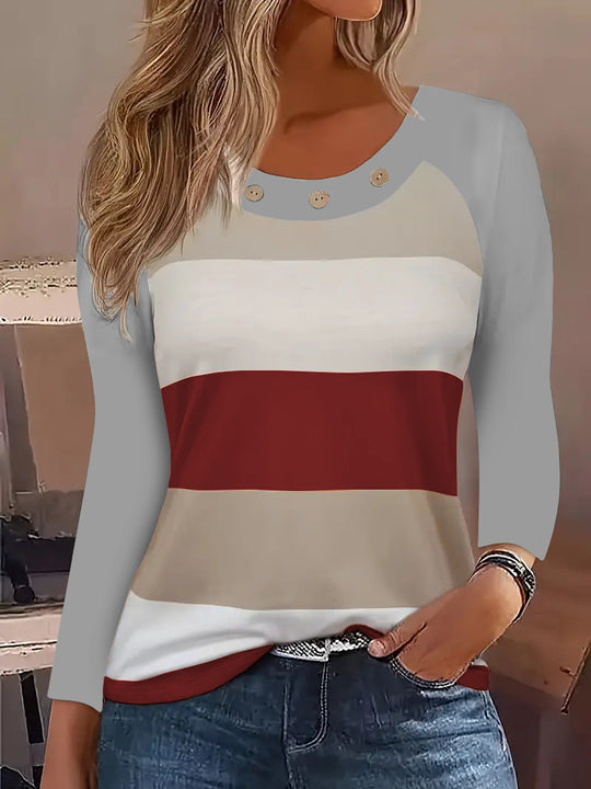 Damen Lässiges Baumwollshirt mit modischen Streifen und dekorativen Knöpfen EB