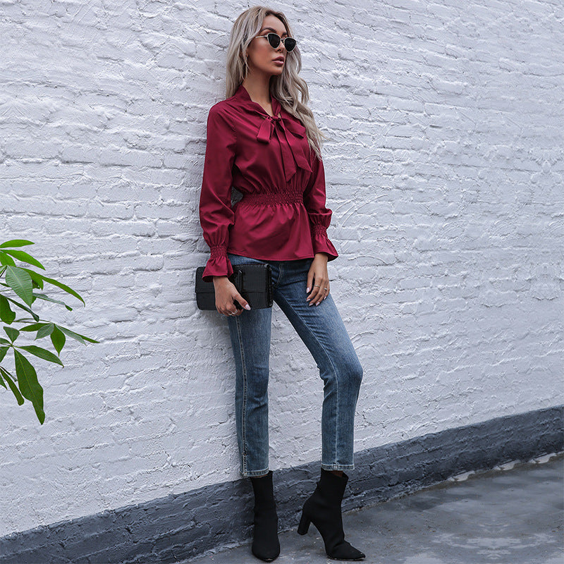 Damen elegante Bluse mit Schleifen-Ausschnitt und elastischem Bund EB