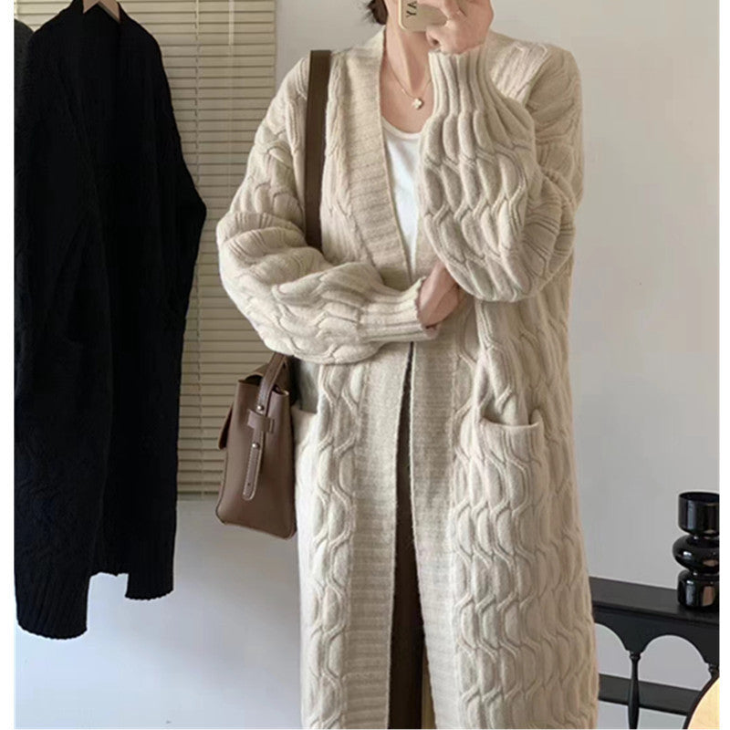 Damen Langer Strickcardigan mit voluminösen Ärmeln und praktischen Taschen EB