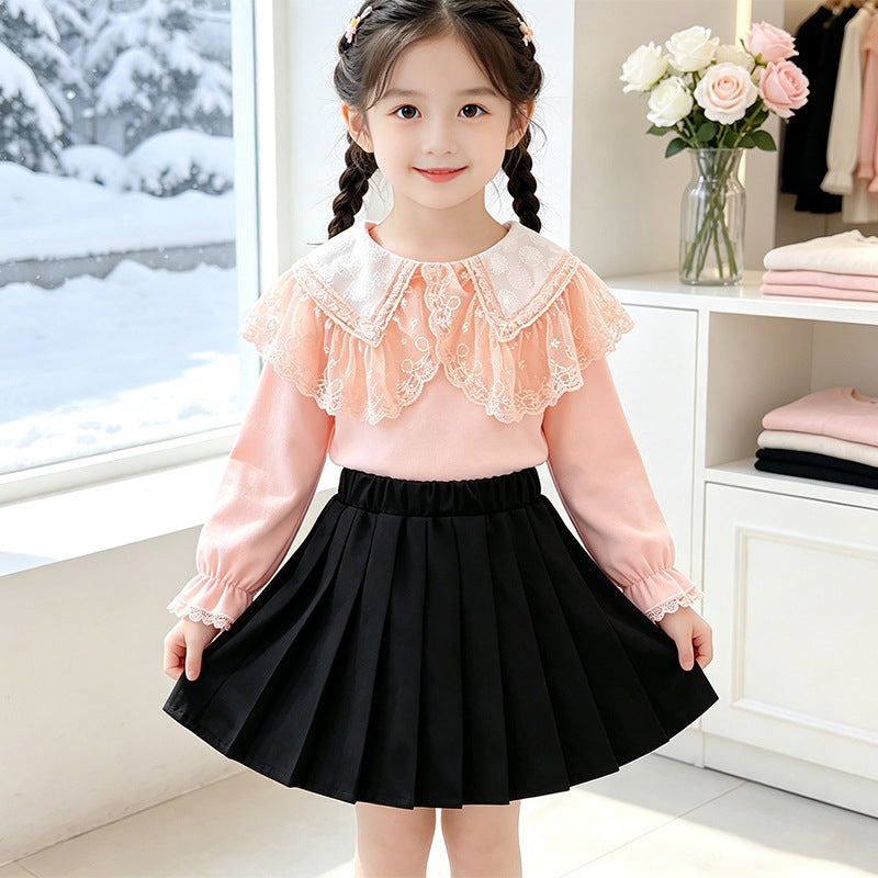 Mädchen Bluse mit elegantem Spitzenkragen und Rüschendetails EB