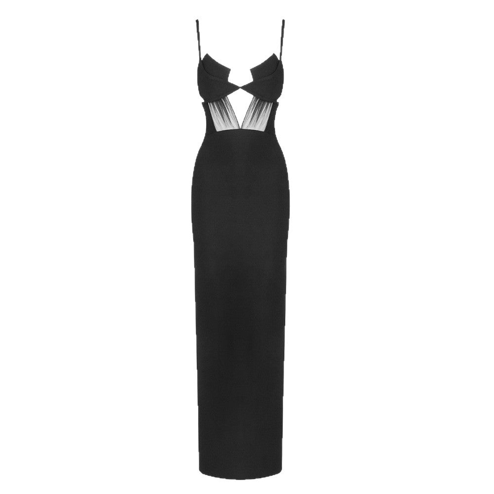 Damen elegantes Cut-Out Maxikleid mit tiefem V-Ausschnitt und transparenten Akzenten EB
