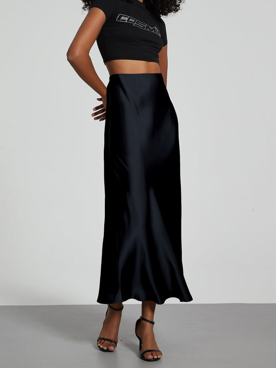 Damen Stilvolle Satin-Stretchrock mit hohem Bund und fließendem Schnitt EB